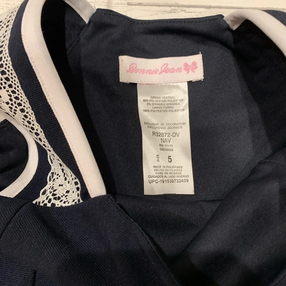 Bonnie Jean Girls 5 Navy Fit & Flare Party Dress Navy Blue White Lace Tie Waist
